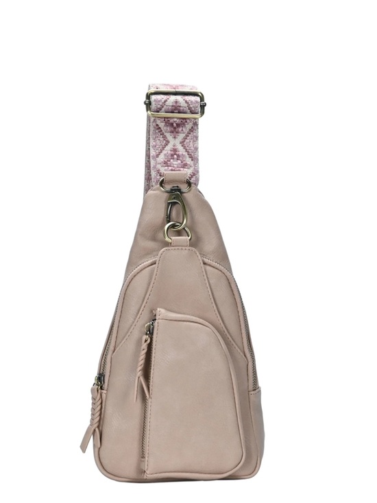 Handbags - Light Pink Leather Crossbody Sling Bag with Patterned Strap
